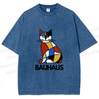 Unisex Bauhaus Mondrian Cat Printed Washed Tee