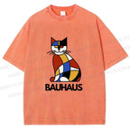Unisex Bauhaus Mondrian Cat Printed Washed Tee