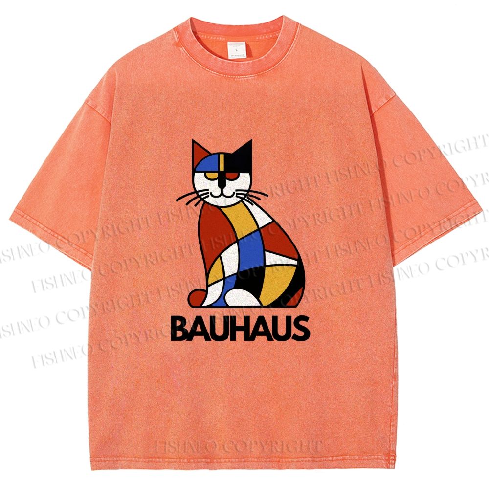 Unisex Bauhaus Mondrian Cat Printed Washed Tee