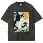 Unisex Japanese Ukiyo-e Cat Printed Washed Tee