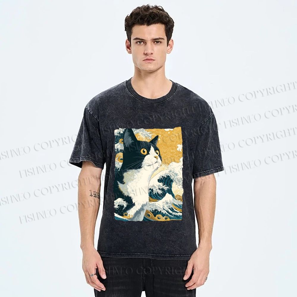 Unisex Japanese Ukiyo-e Cat Printed Washed Tee