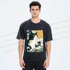 Unisex Japanese Ukiyo-e Cat Printed Washed Tee