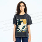 Unisex Japanese Ukiyo-e Cat Printed Washed Tee
