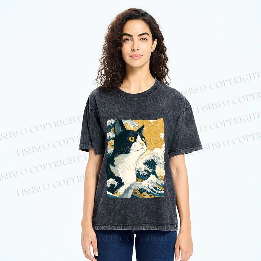Unisex Japanese Ukiyo-e Cat Printed Washed Tee