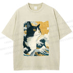 Unisex Japanese Ukiyo-e Cat Printed Washed Tee