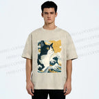 Unisex Japanese Ukiyo-e Cat Printed Washed Tee