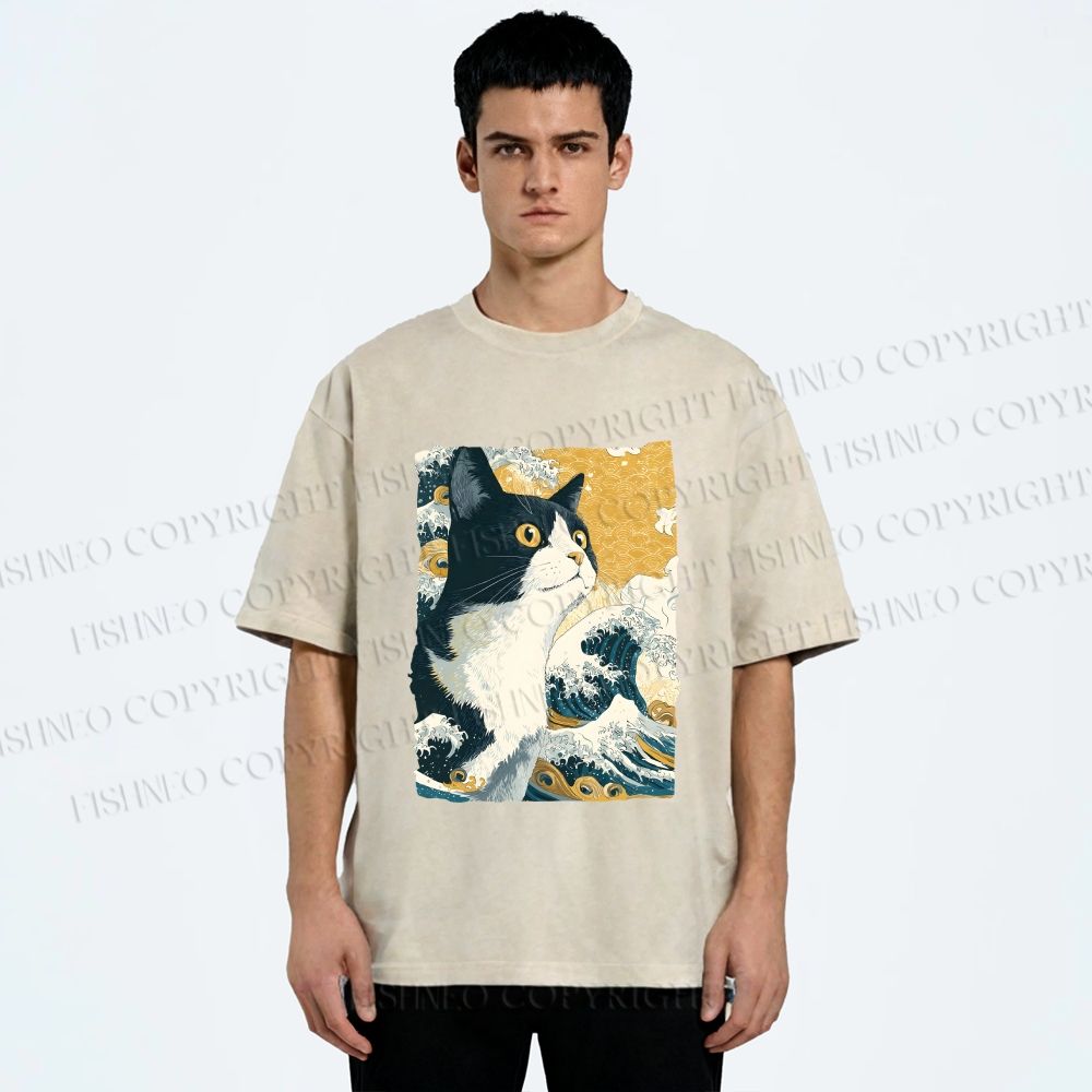 Unisex Japanese Ukiyo-e Cat Printed Washed Tee