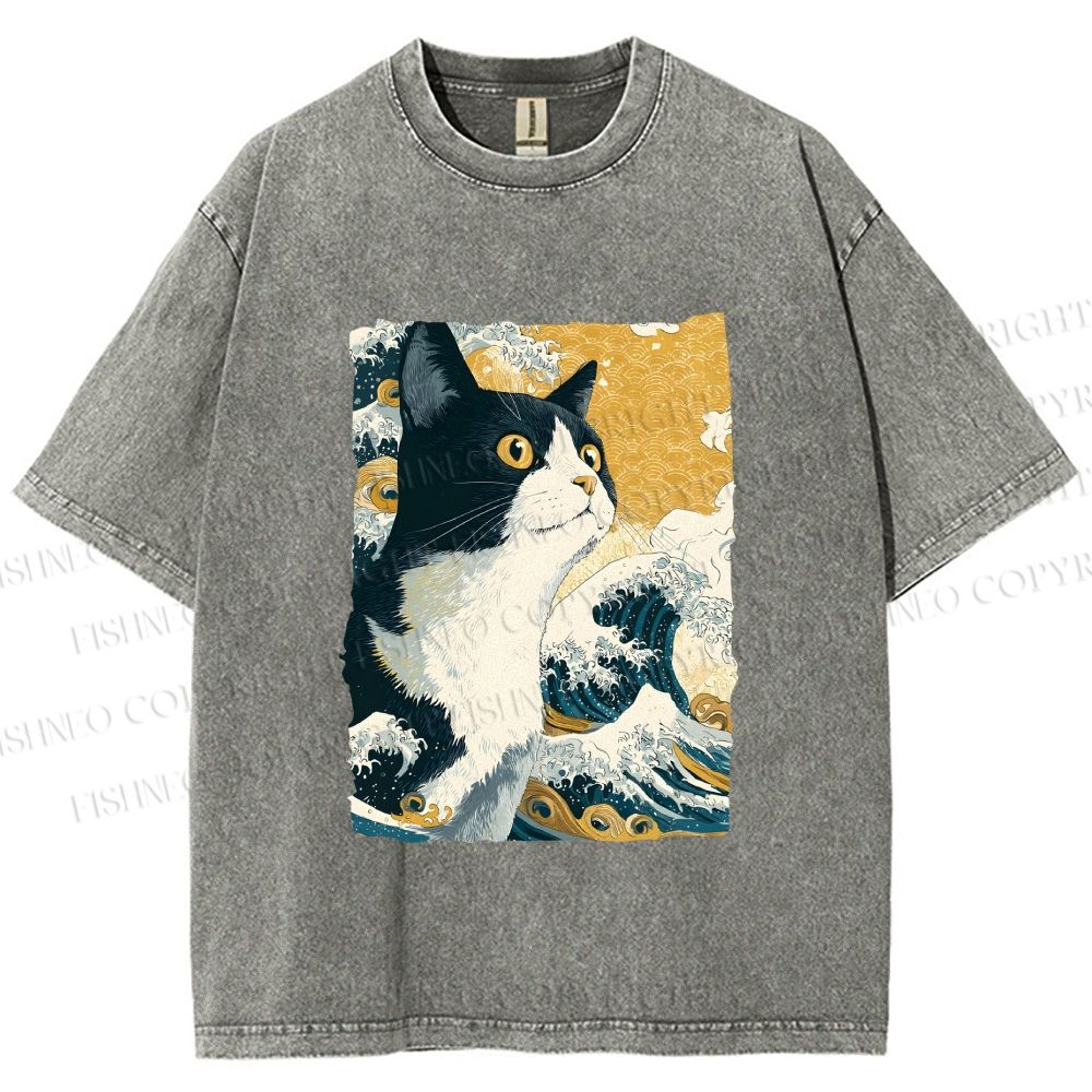 Unisex Japanese Ukiyo-e Cat Printed Washed Tee