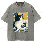 Unisex Japanese Ukiyo-e Cat Printed Washed Tee