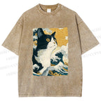 Unisex Japanese Ukiyo-e Cat Printed Washed Tee