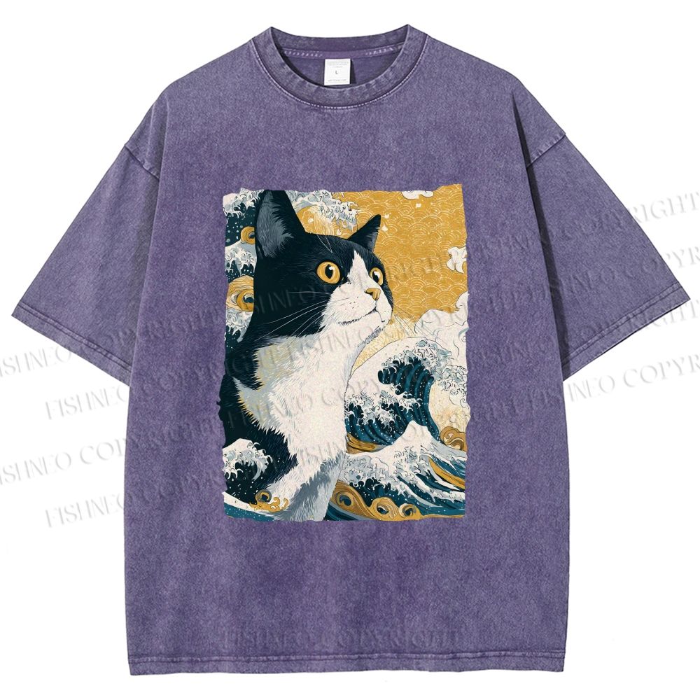 Unisex Japanese Ukiyo-e Cat Printed Washed Tee