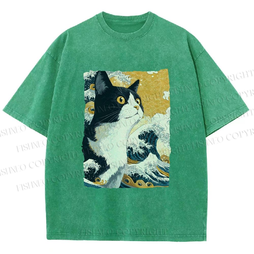 Unisex Japanese Ukiyo-e Cat Printed Washed Tee