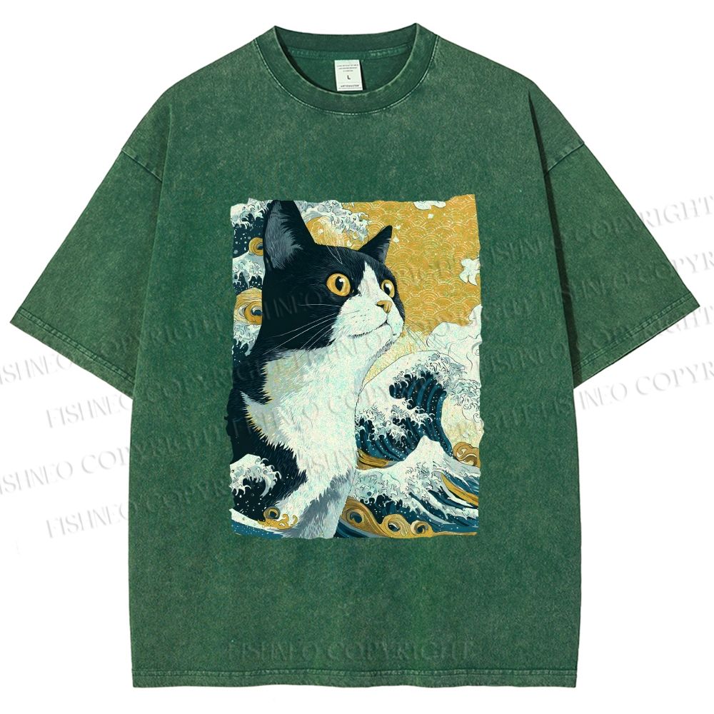 Unisex Japanese Ukiyo-e Cat Printed Washed Tee
