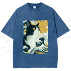 Unisex Japanese Ukiyo-e Cat Printed Washed Tee