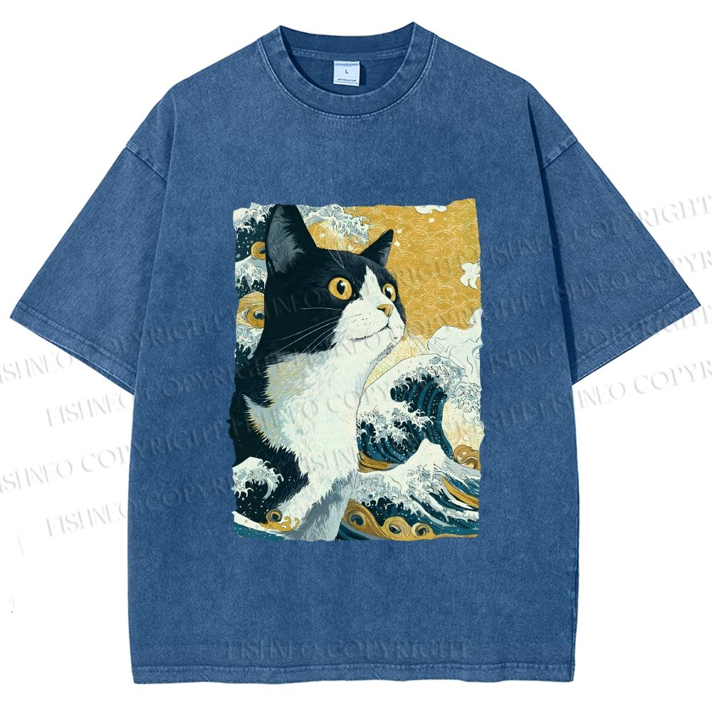 Unisex Japanese Ukiyo-e Cat Printed Washed Tee