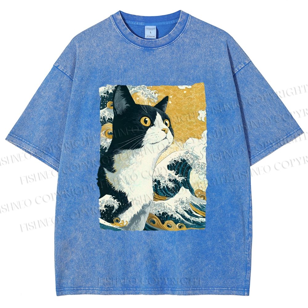 Unisex Japanese Ukiyo-e Cat Printed Washed Tee