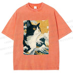 Unisex Japanese Ukiyo-e Cat Printed Washed Tee