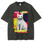 Unisex Yayoi Kusama Cat With Dots Printed Washed Tee