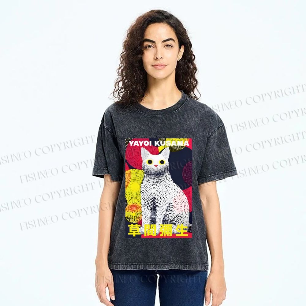 Unisex Yayoi Kusama Cat With Dots Printed Washed Tee