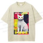 Unisex Yayoi Kusama Cat With Dots Printed Washed Tee
