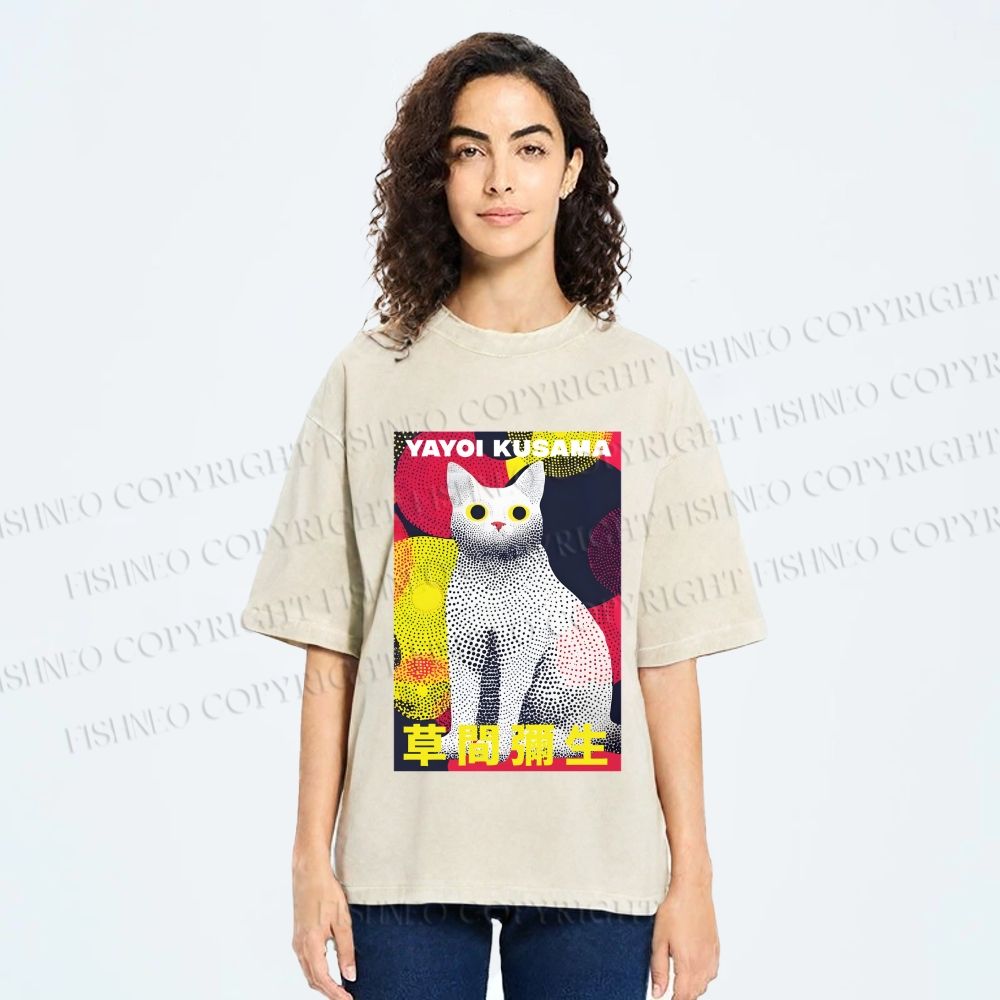 Unisex Yayoi Kusama Cat With Dots Printed Washed Tee