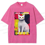 Unisex Yayoi Kusama Cat With Dots Printed Washed Tee