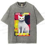 Unisex Yayoi Kusama Cat With Dots Printed Washed Tee