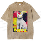 Unisex Yayoi Kusama Cat With Dots Printed Washed Tee