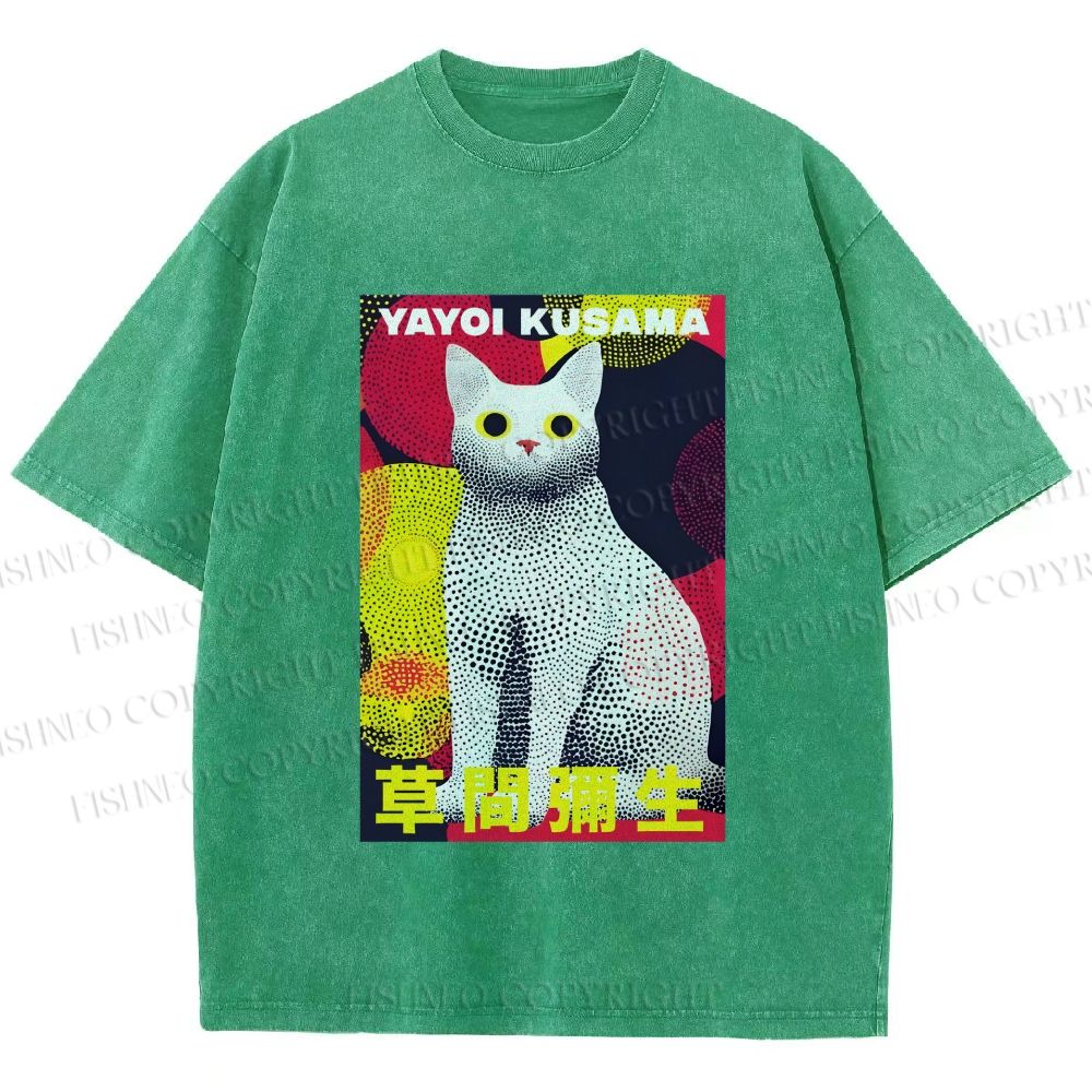Unisex Yayoi Kusama Cat With Dots Printed Washed Tee