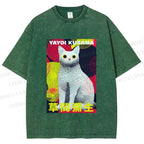 Unisex Yayoi Kusama Cat With Dots Printed Washed Tee