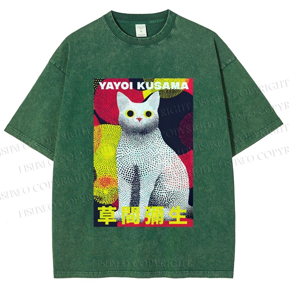 Unisex Yayoi Kusama Cat With Dots Printed Washed Tee