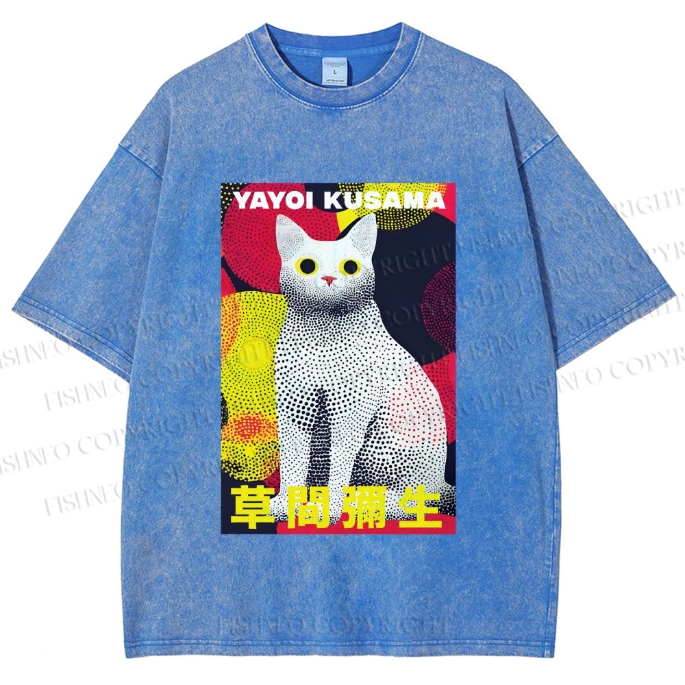 Unisex Yayoi Kusama Cat With Dots Printed Washed Tee