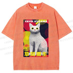 Unisex Yayoi Kusama Cat With Dots Printed Washed Tee