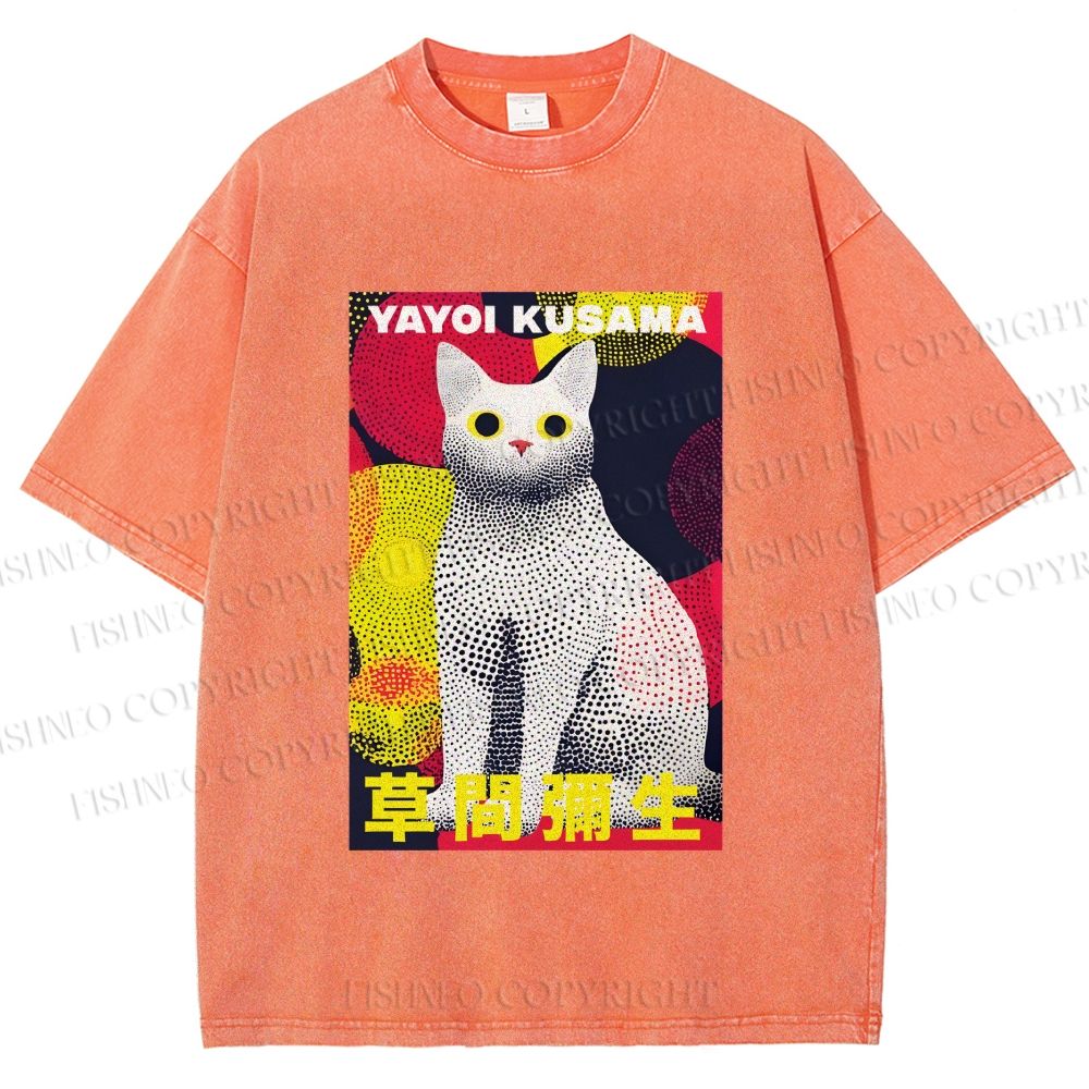 Unisex Yayoi Kusama Cat With Dots Printed Washed Tee