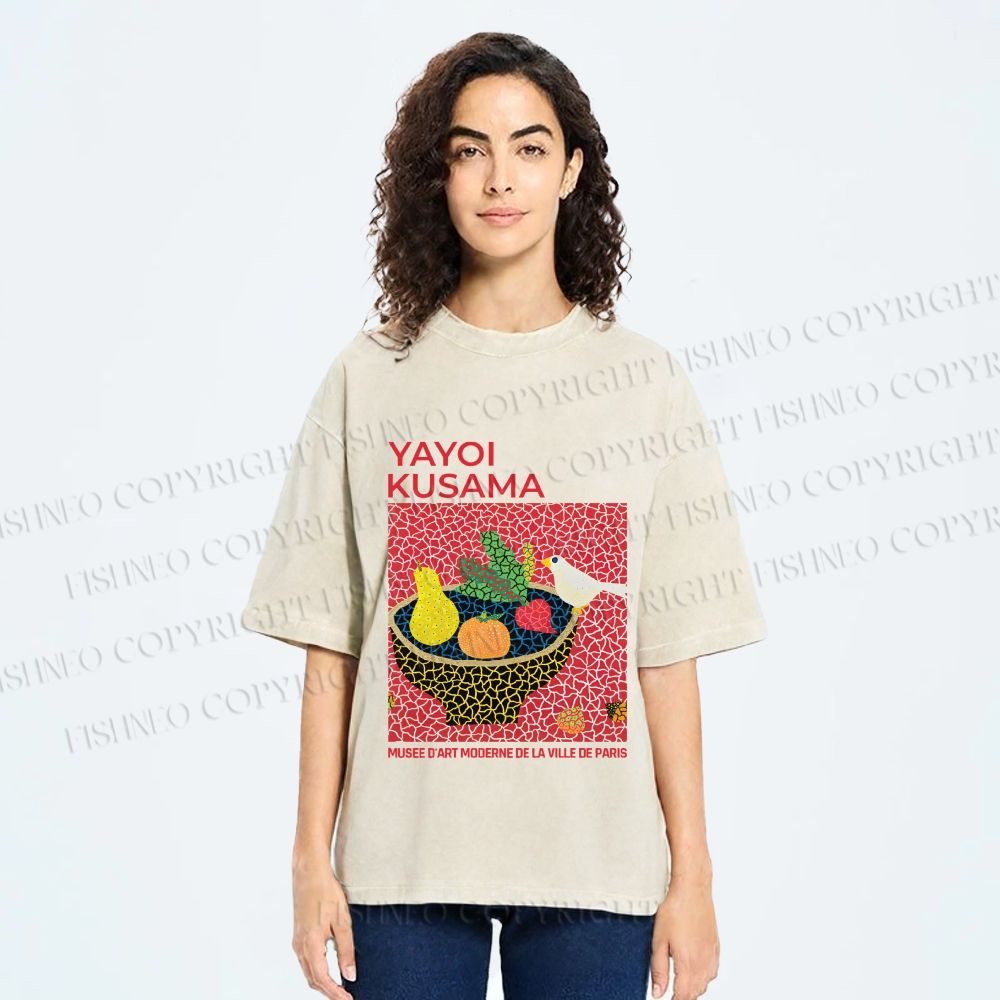 Unisex Yayoi Kusama Bird on Plate Printed Washed Tee