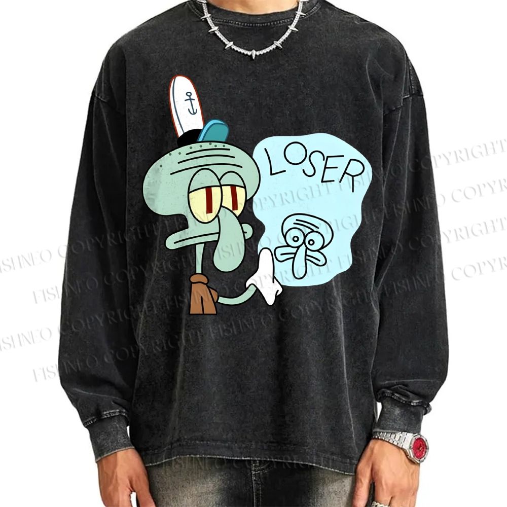 Unisex Casual Washed Squidward Tentacles Loser Printed Long Sleeve T-shirt