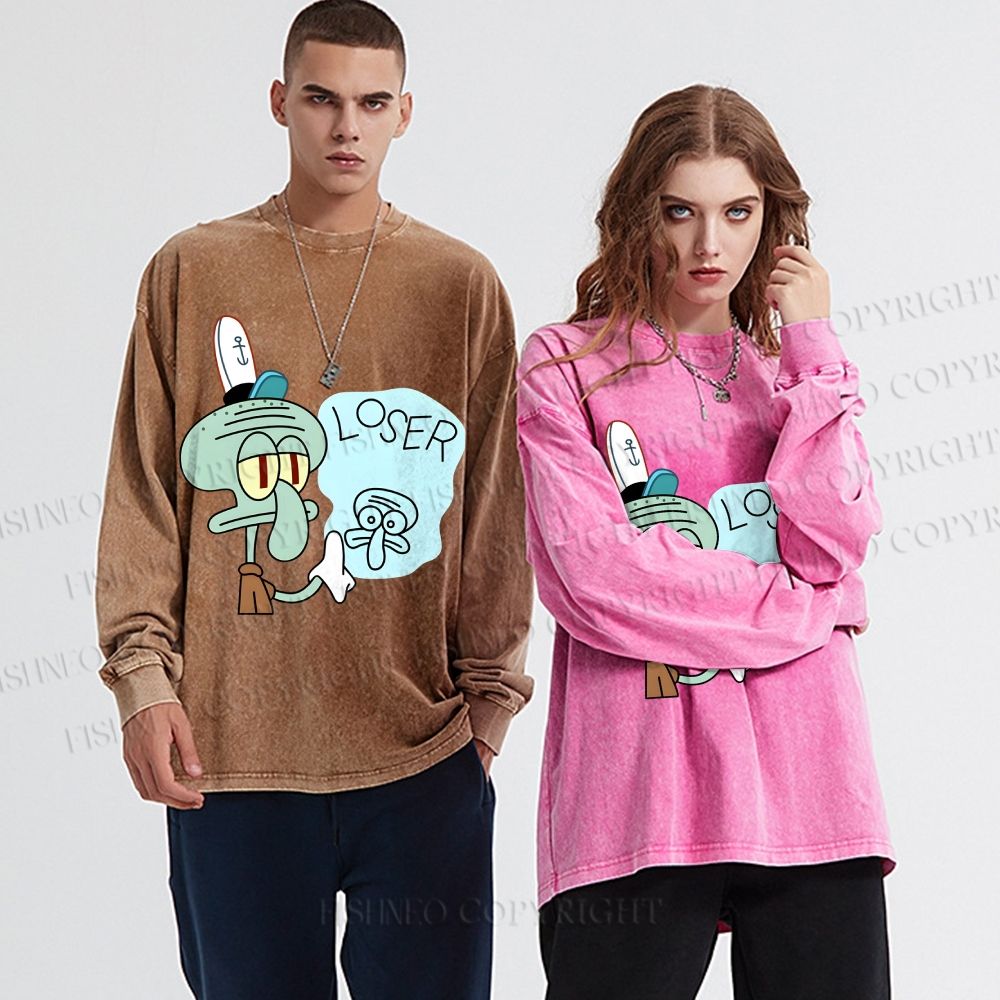 Unisex Casual Washed Squidward Tentacles Loser Printed Long Sleeve T-shirt