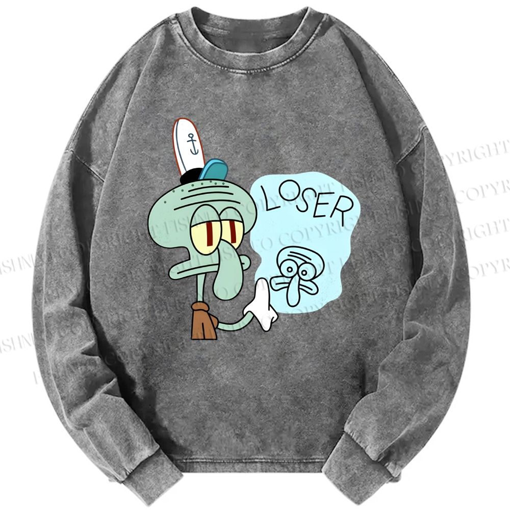 Unisex Casual Washed Squidward Tentacles Loser Printed Long Sleeve T-shirt