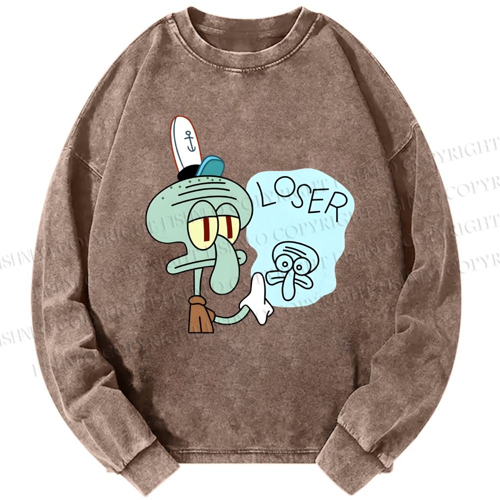 Unisex Casual Washed Squidward Tentacles Loser Printed Long Sleeve T-shirt