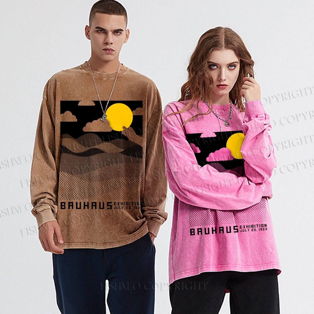 Unisex Casual Washed Bauhaus Wave And Sunset Printed Long Sleeve T-shirt
