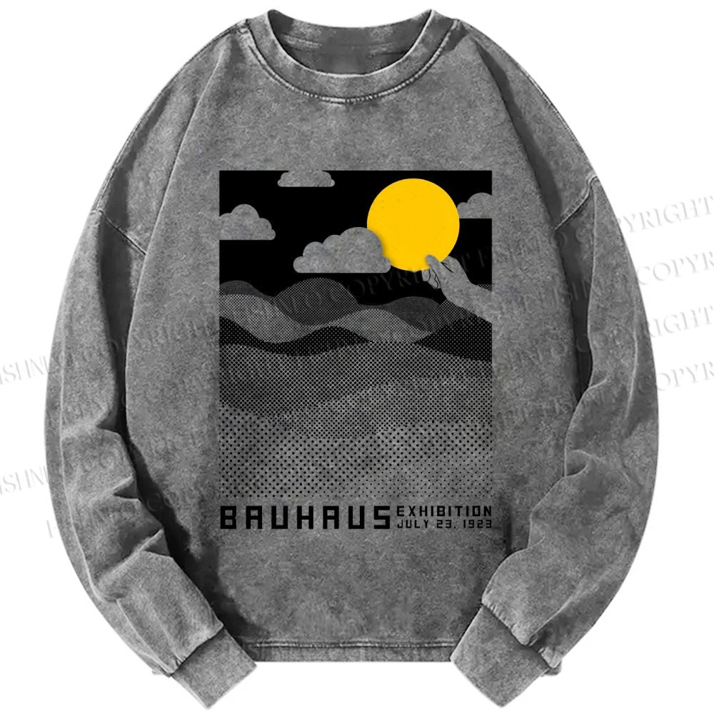 Unisex Casual Washed Bauhaus Wave And Sunset Printed Long Sleeve T-shirt