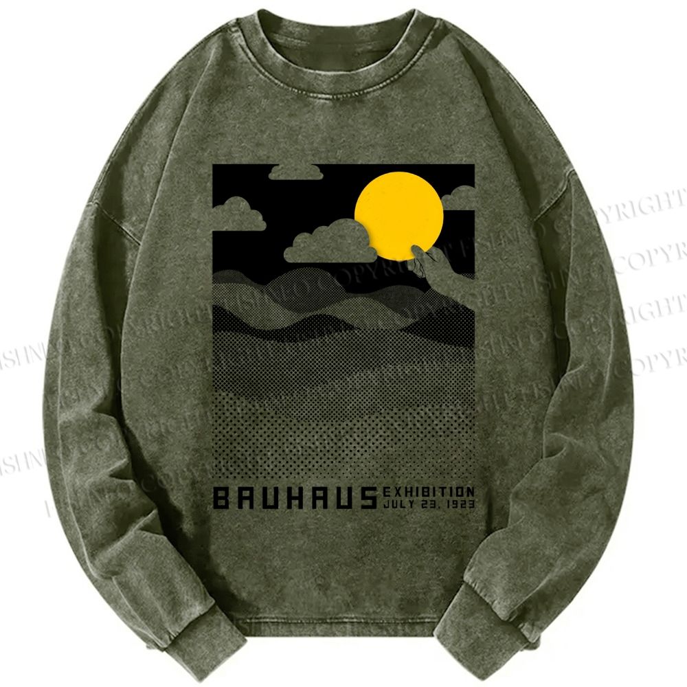 Unisex Casual Washed Bauhaus Wave And Sunset Printed Long Sleeve T-shirt