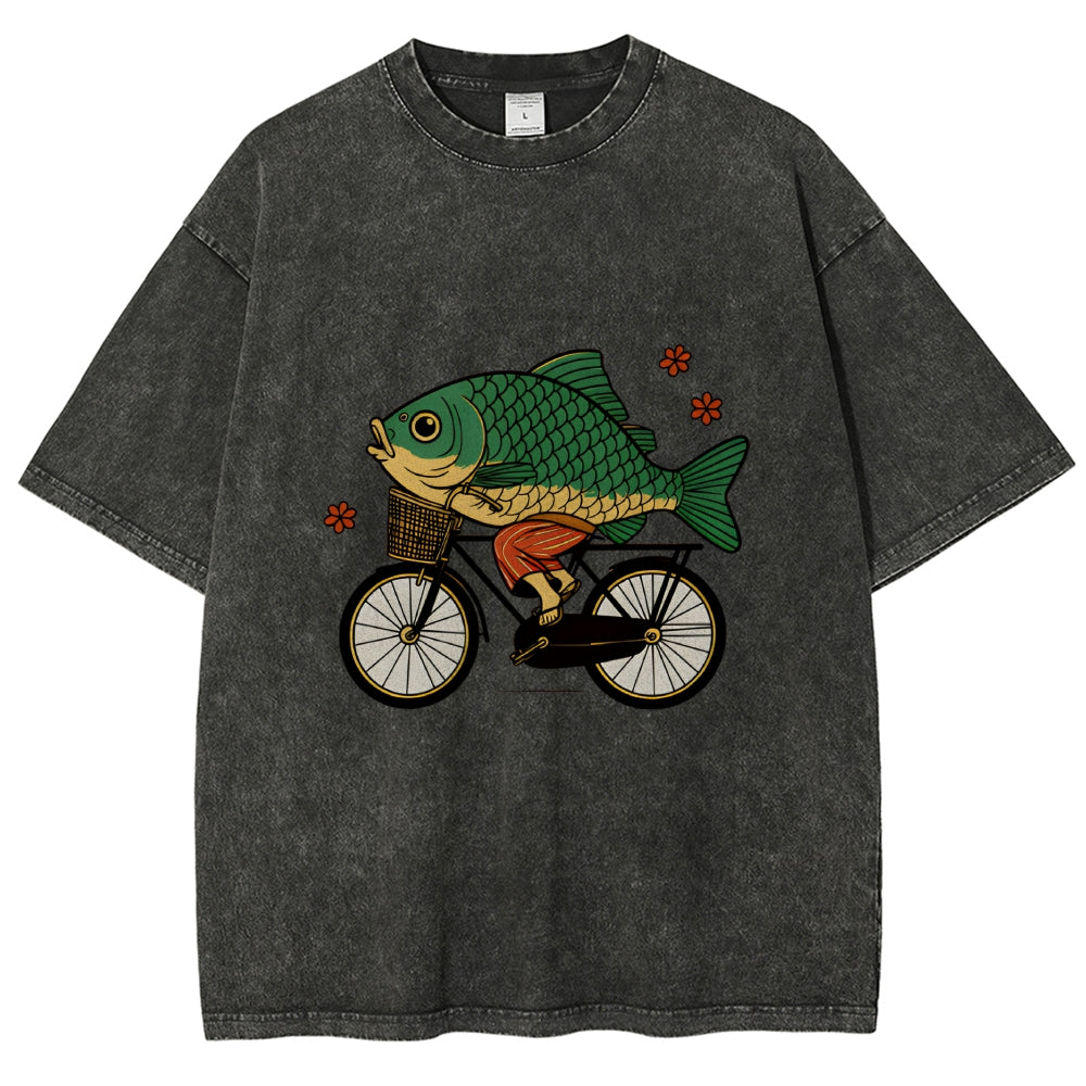 Funny Fish Riding A Bicycle Washed T-Shirt