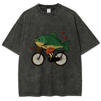 Funny Fish Riding A Bicycle Washed T-Shirt