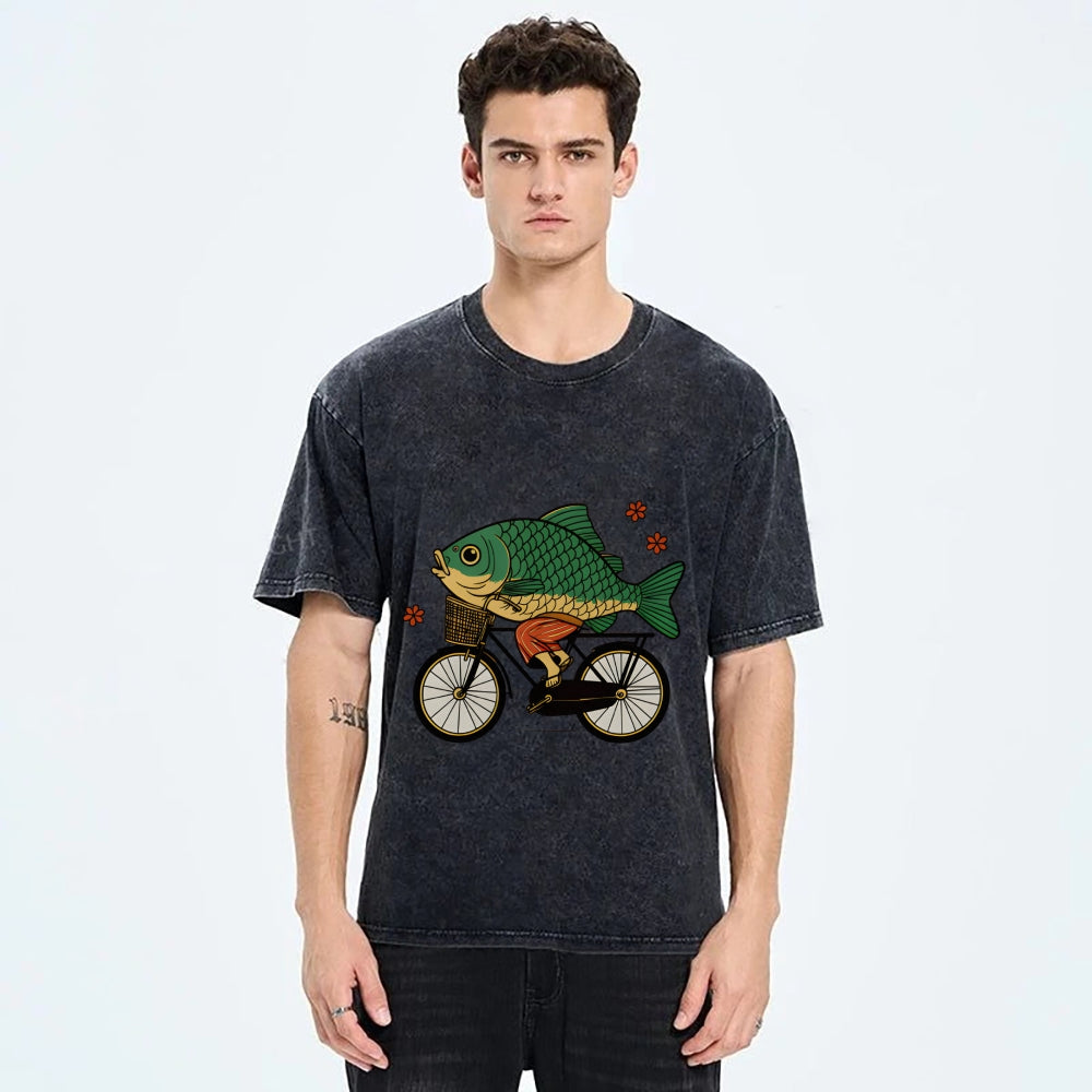 Funny Fish Riding A Bicycle Washed T-Shirt
