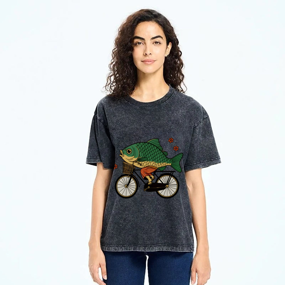 Funny Fish Riding A Bicycle Washed T-Shirt