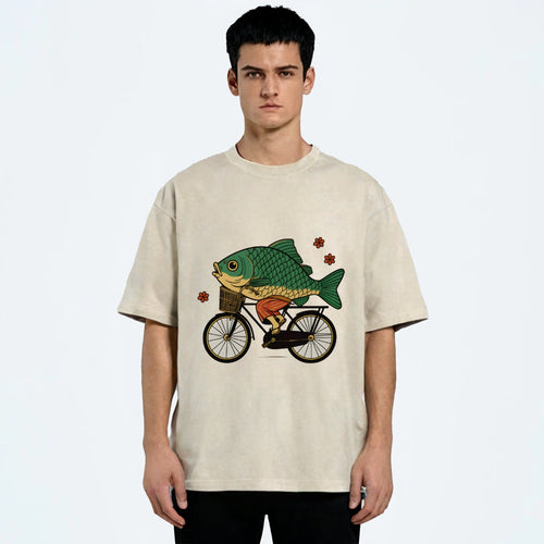 Funny Fish Riding A Bicycle Washed T-Shirt
