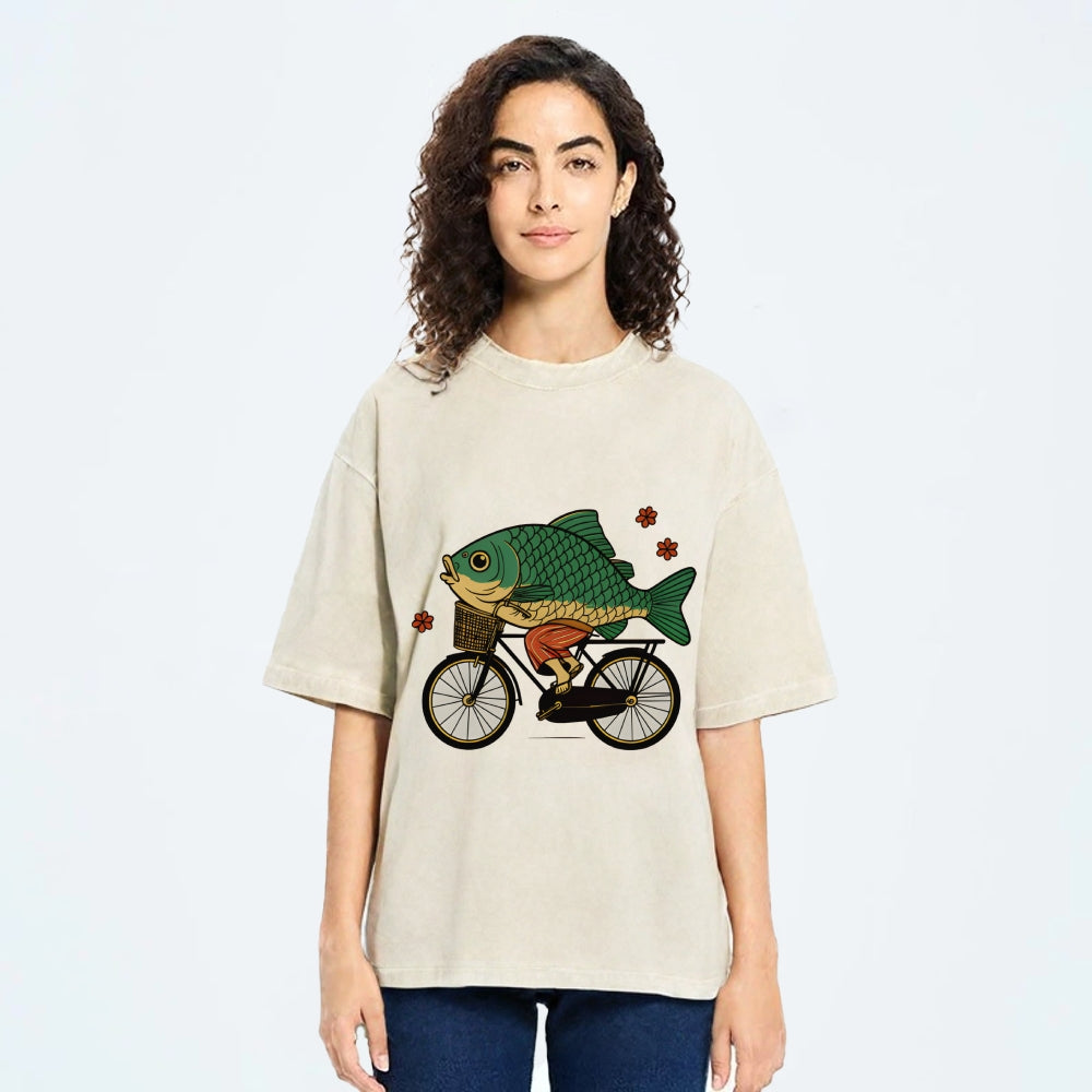 Funny Fish Riding A Bicycle Washed T-Shirt