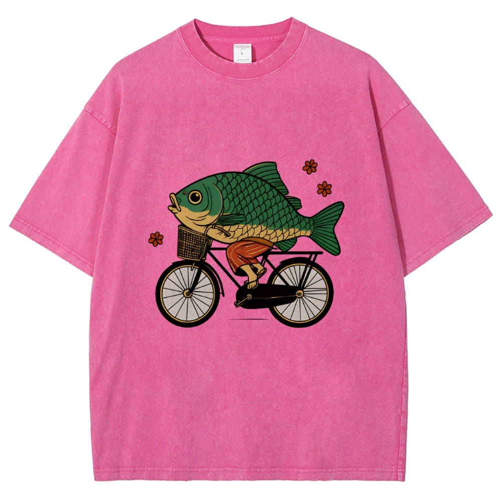 Funny Fish Riding A Bicycle Washed T-Shirt