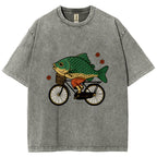 Funny Fish Riding A Bicycle Washed T-Shirt